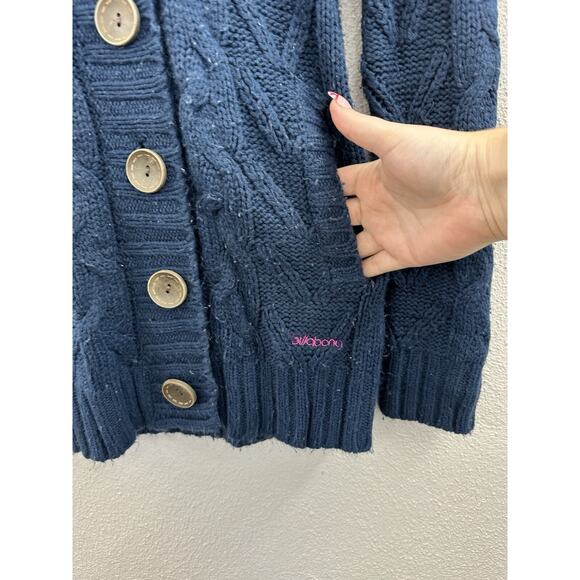 Billa Bong Womens Sweater Size Small Navy Blue Button Up Hooded Cable Knit Y2K - Picture 2 of 11